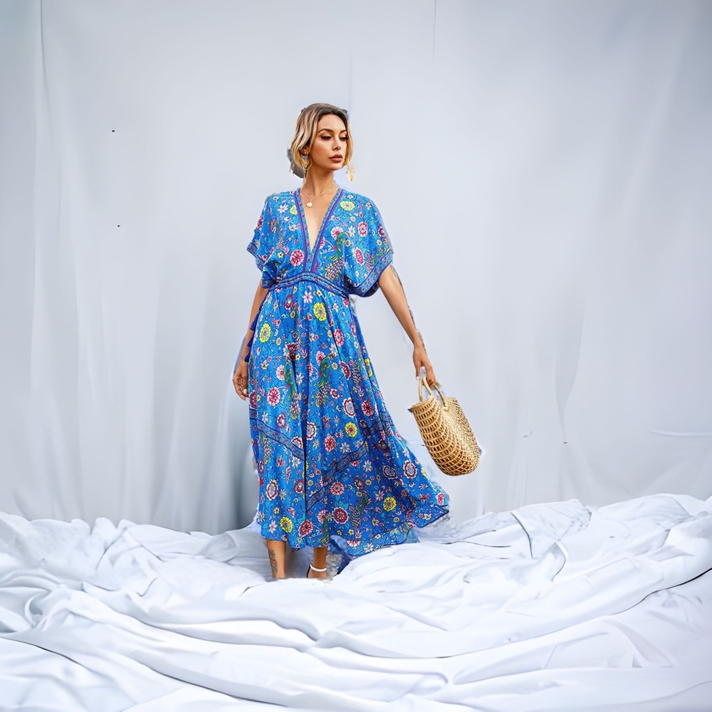 Women's long cotton beach dresses with deep V-neck Size M